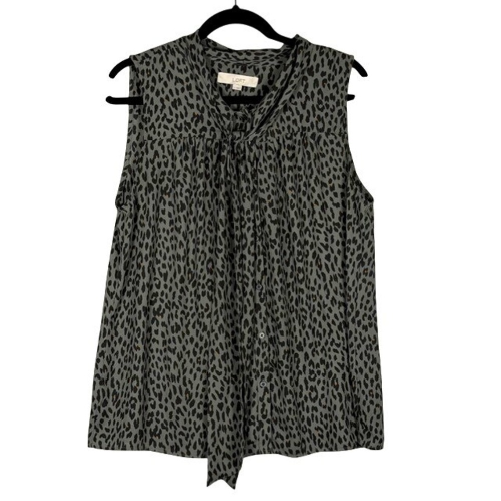 LOFT Womens  Black Leopard Print Tie Neck Sleeveless‎ Blouse Large